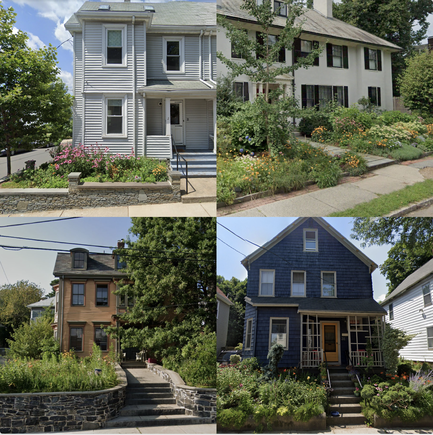 Front yard flower gardens in greater Boston (photos: Google Street View)